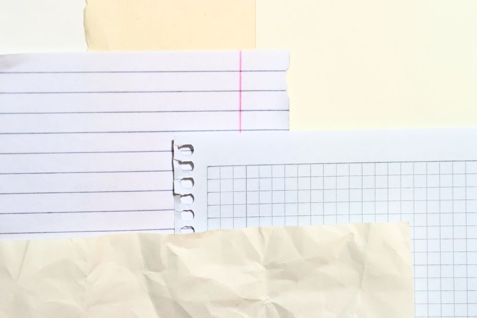 Collection of various paper textures including lined, grid, and crumpled patterns.
